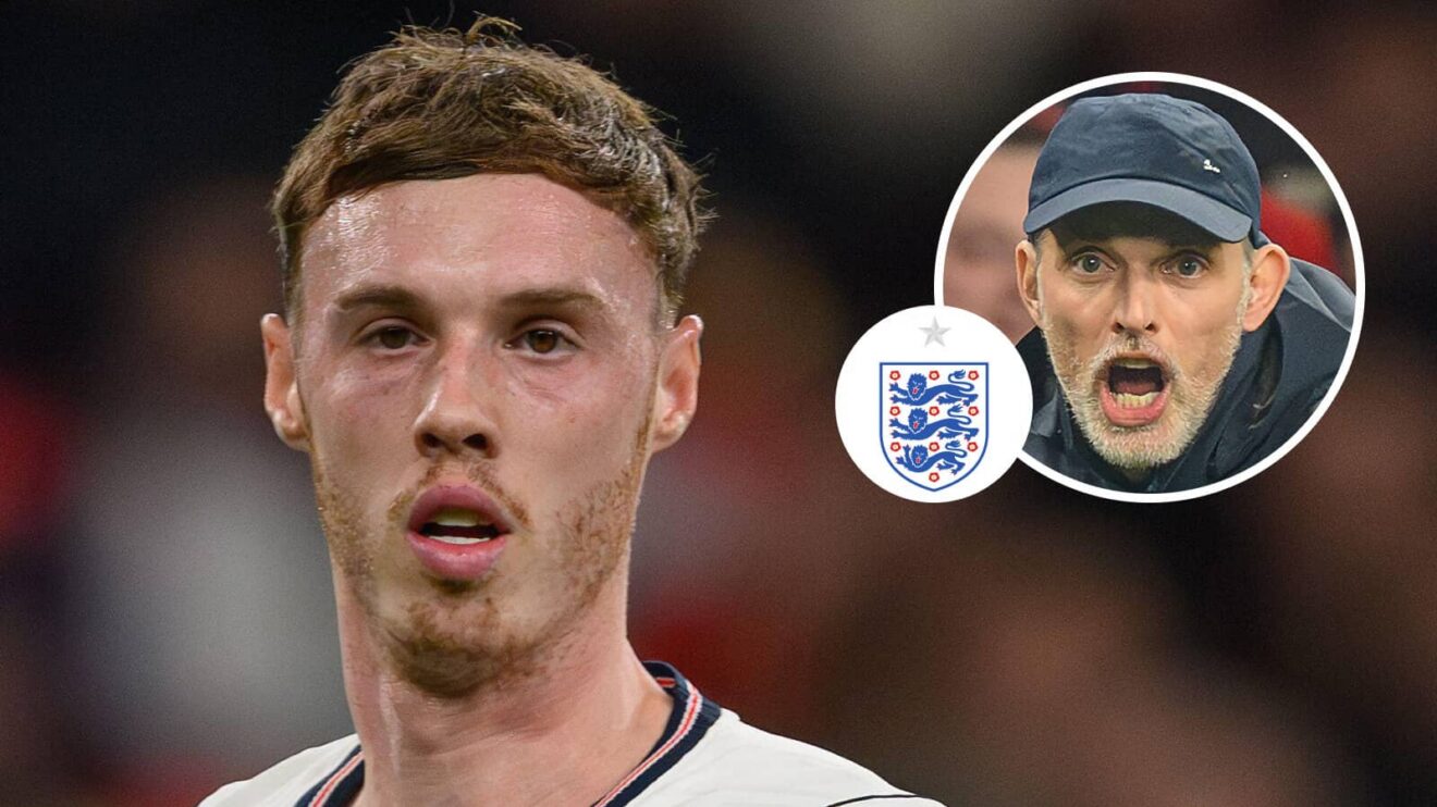 Chelsea star Cole Palmer, England badge and Thomas Tuchel - copyright F365