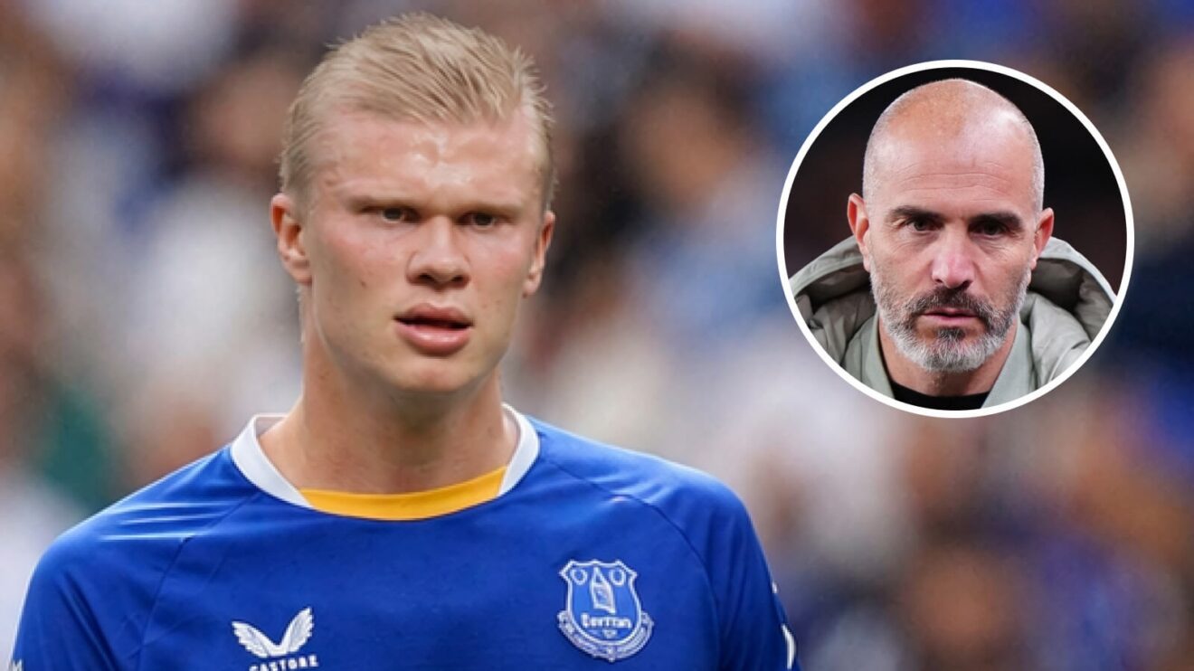 Erling Haaland in an Everton shirt, next to Manchester City coach Enzo Maresca