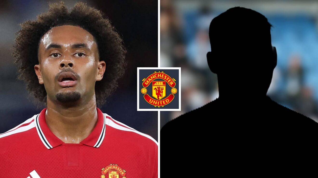 Split image of Manchester United forward Joshua Zirkzee and a shadow, with the Manchester United badge in between - copyright F365