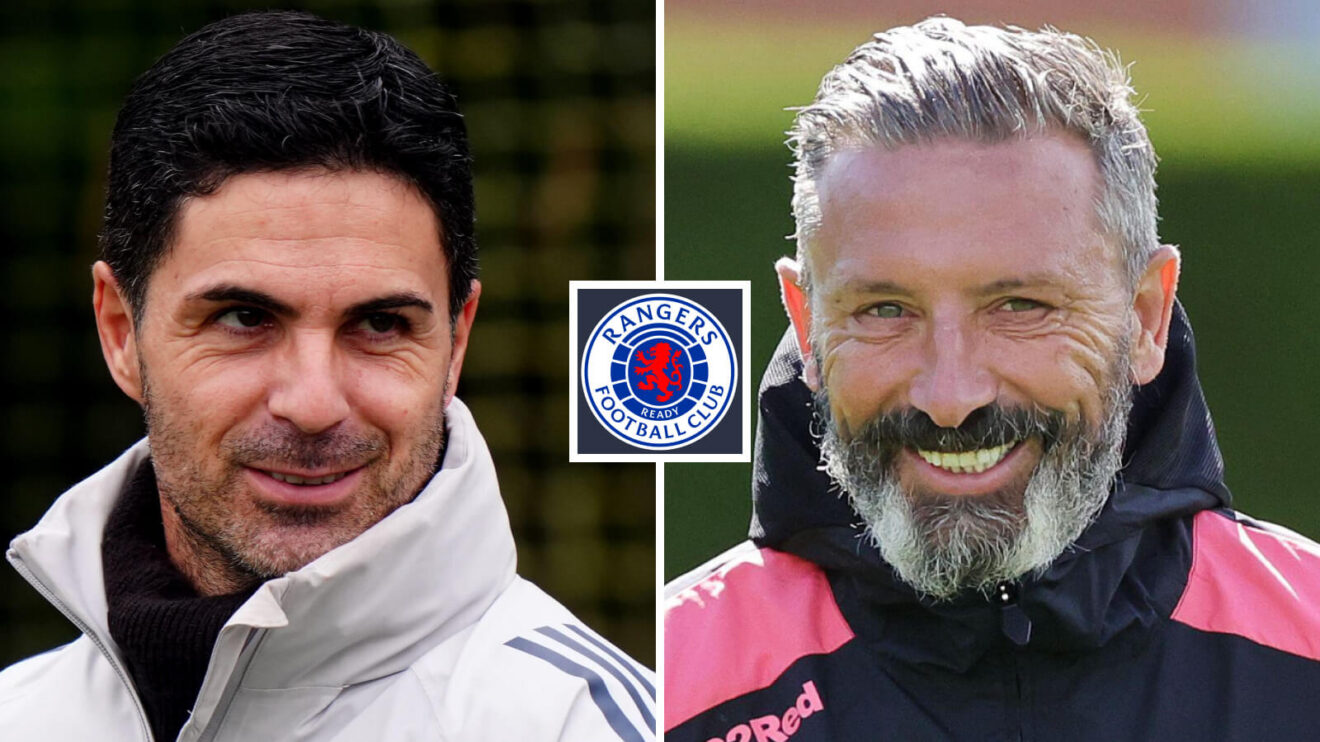 Split image of Arsenal manager Mikel Arteta and Rangers manager Derek McInnes, with the Rangers badge in between - copyright F365
