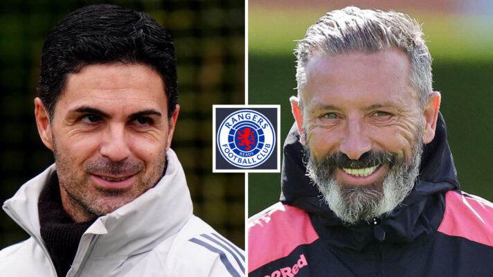 Split image of Arsenal manager Mikel Arteta and Rangers manager Derek McInnes, with the Rangers badge in between - copyright F365