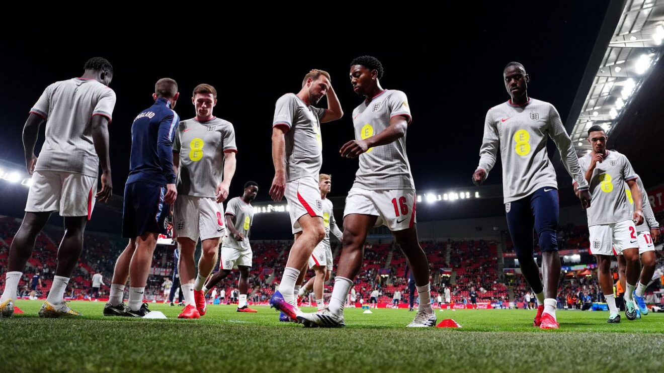 England players warm up before the Nations League game against Czechia
