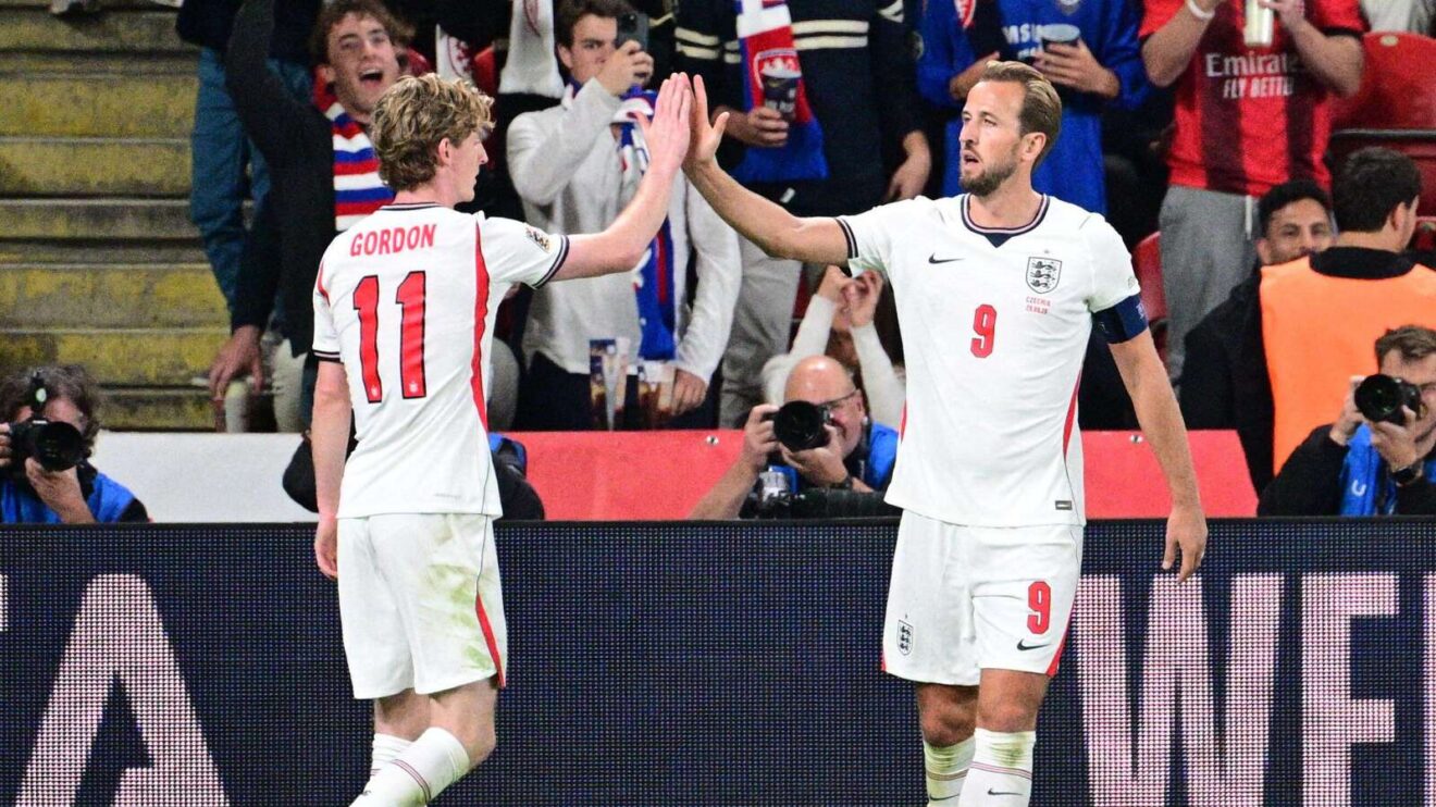England goalscorers Anthony Gordon and Harry Kane celebrate during a 2-0 Nations League win over Czechia