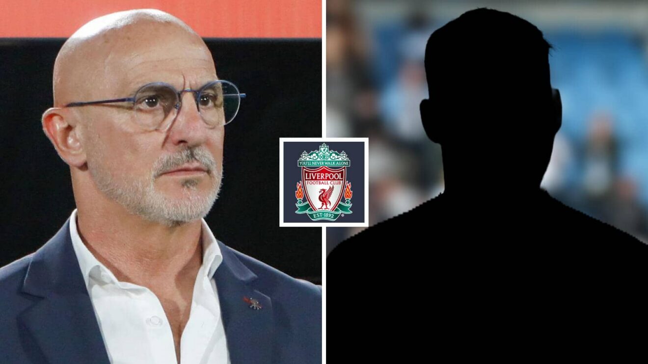 Spain head coach Luis de la Fuente, Liverpool badge, silhouette player