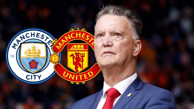 Louis van Gaal with Man Utd and Man City badges.