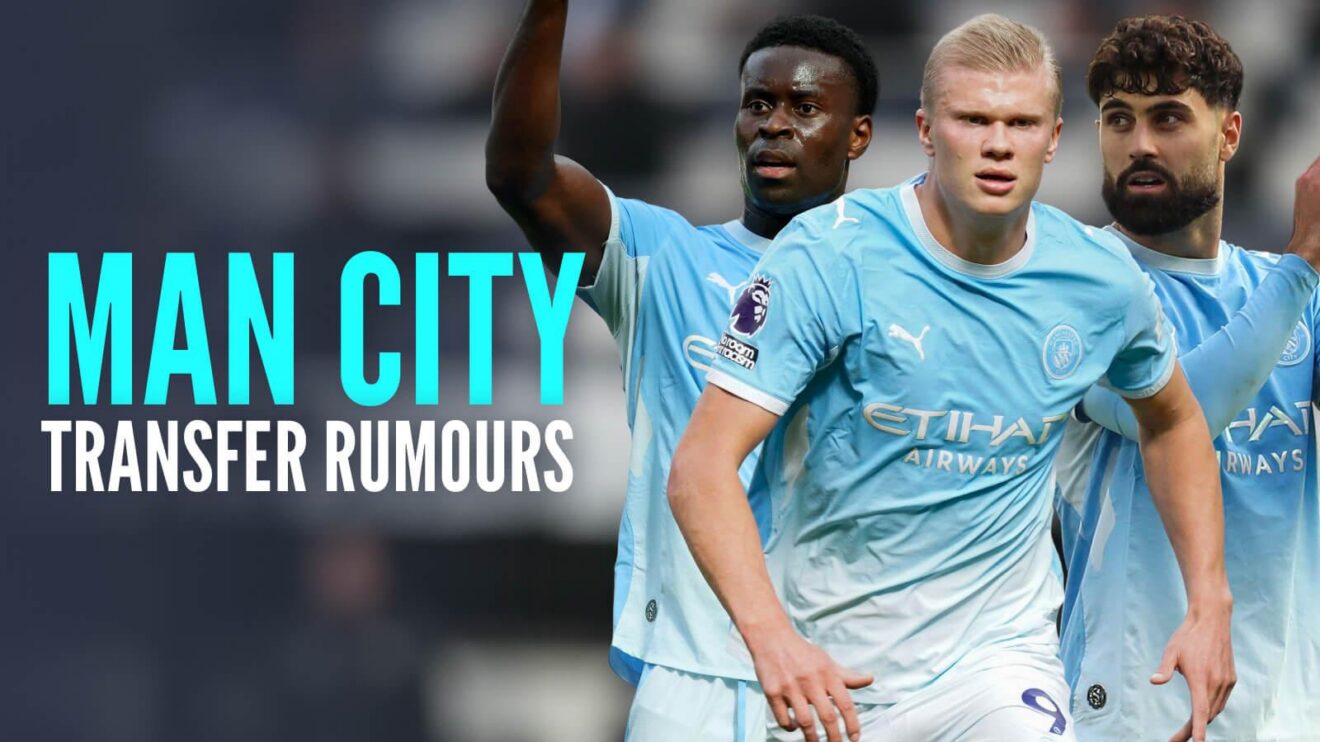 Erling Haaland, Josko Gvardiol and Marc Guehi with the text: 'MAN CITY TRANSFER RUMOURS'
