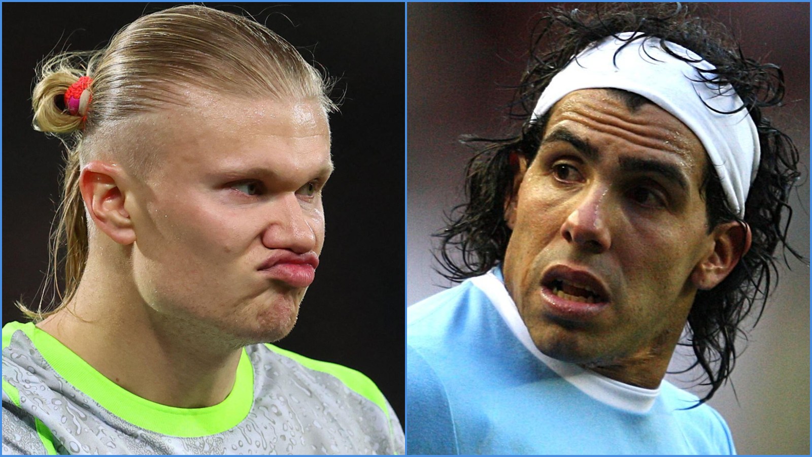 Manchester City players Erling Haaland and Carlos Tevez