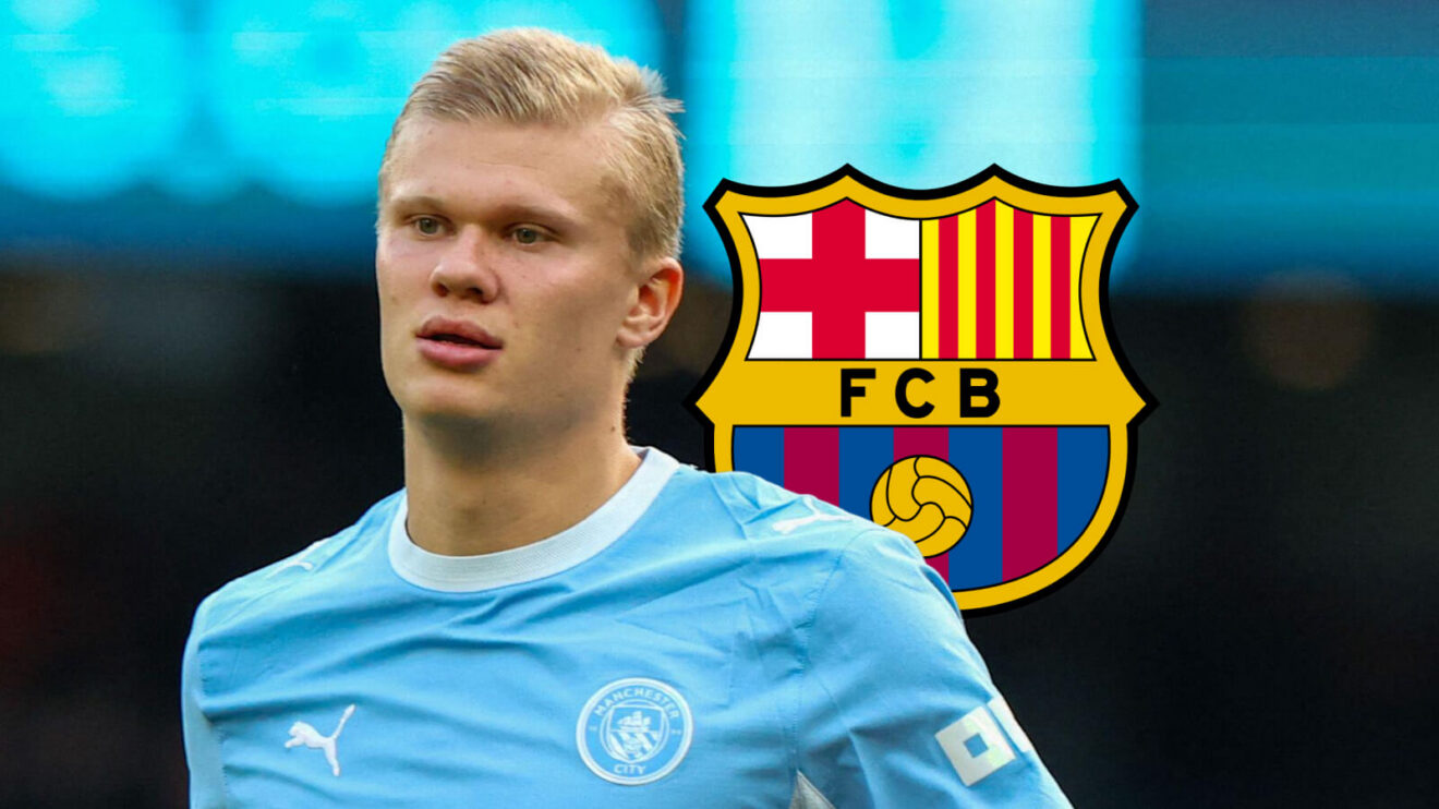 Manchester City striker Erling Haaland next to the Barcelona badge - copyright F365
