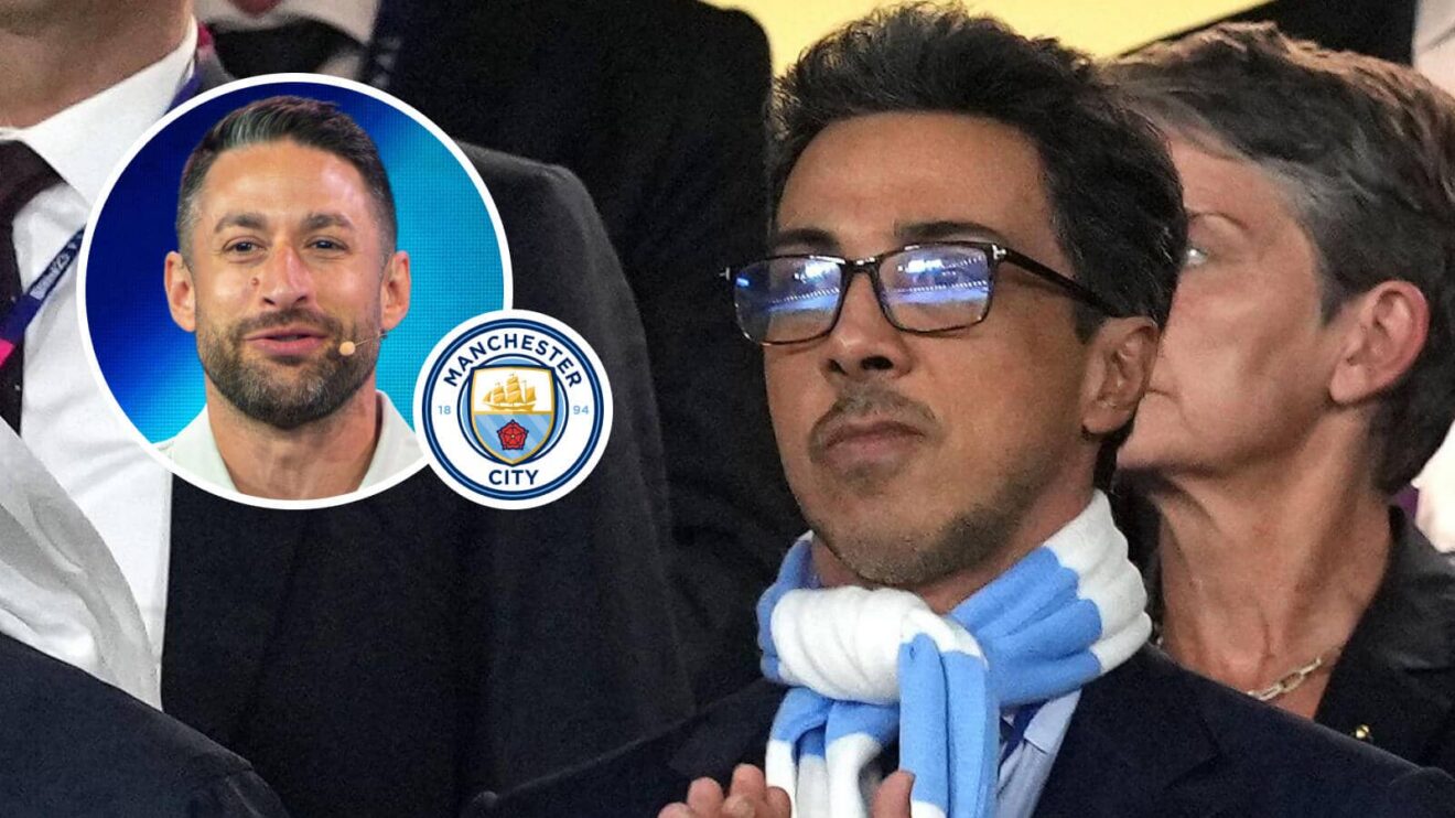 Journalist David Ornstein, Manchester Metropolis badge and also Manchester Metropolis owner Sheikh Mansour - copyright F365