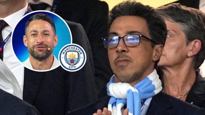 Journalist David Ornstein, Manchester City badge and Manchester City owner Sheikh Mansour - copyright F365