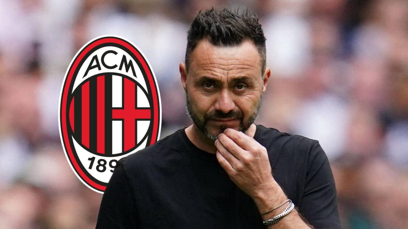 Tottenham manager Roberto De Zerbi, AC Milan badge