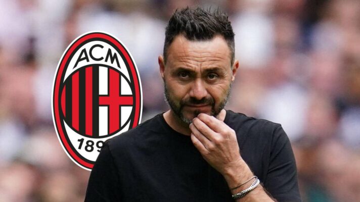 Tottenham manager Roberto De Zerbi, AC Milan badge