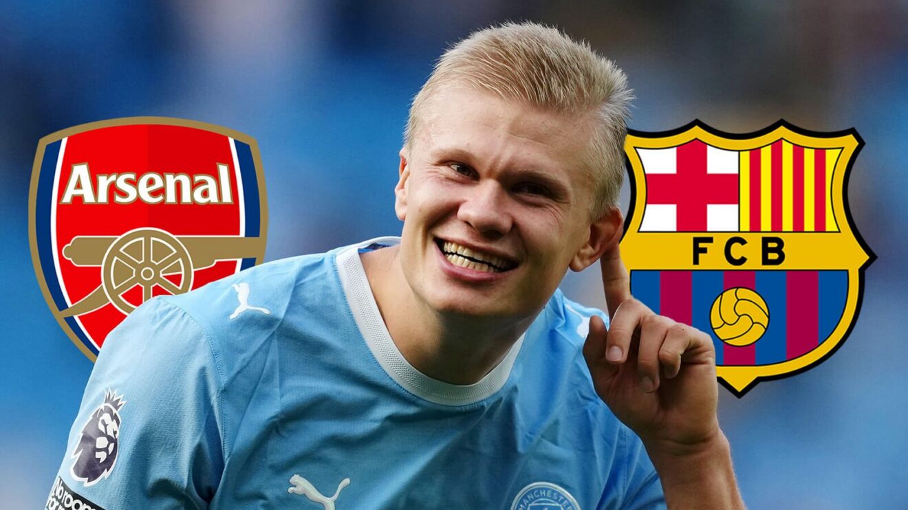 Erling Haaland with Arsenal and Barcelona badges.