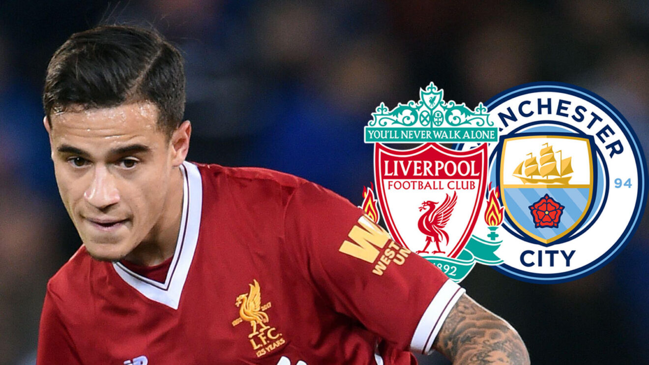 Philippe Coutinho with Liverpool and Man City badges.