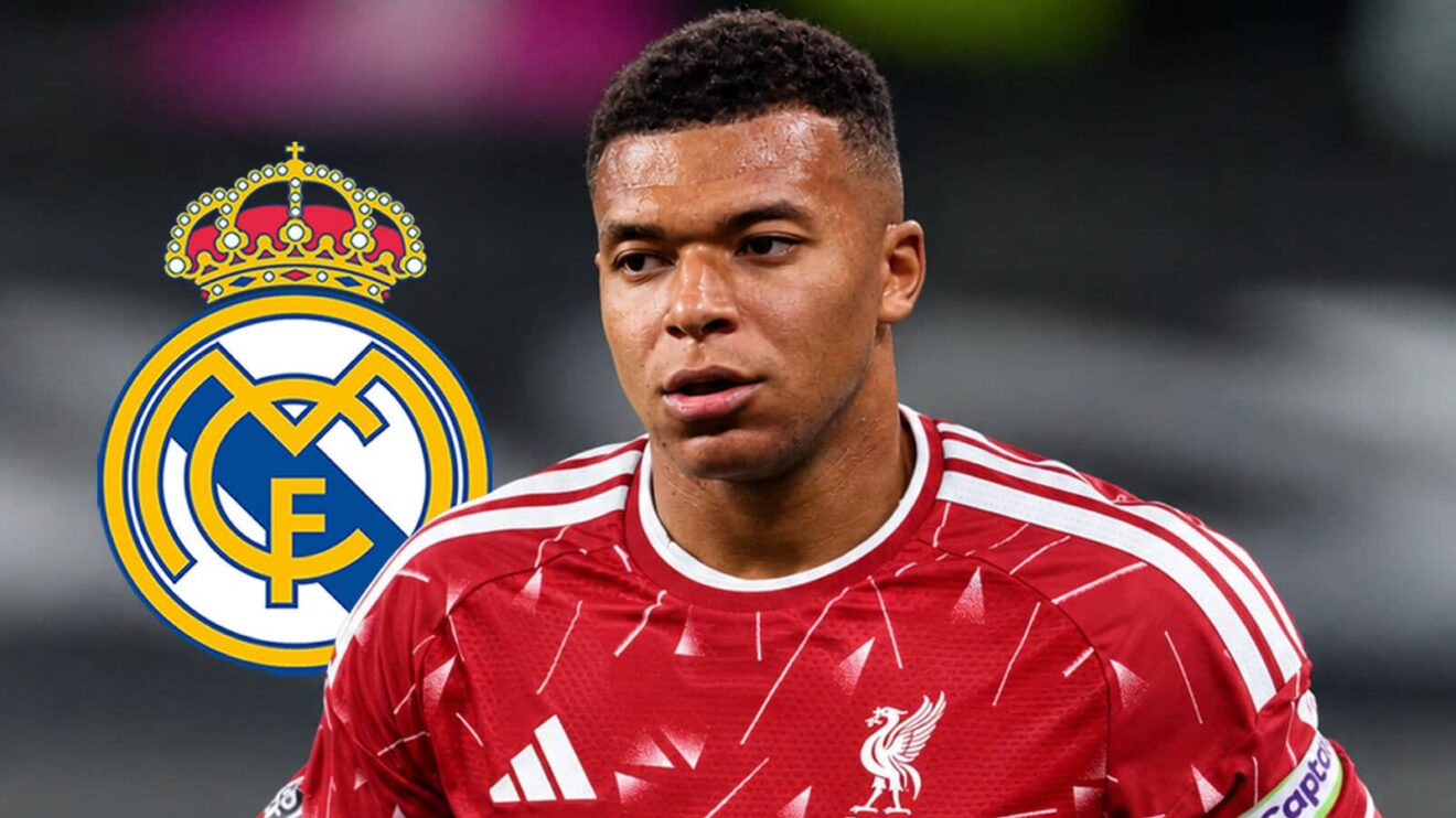 Real Madrid badge next to Kylian Mbappe in a mocked-up Liverpool shirt - copyright F365