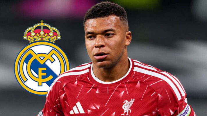 Real Madrid badge next to Kylian Mbappe in a mocked-up Liverpool shirt - copyright F365