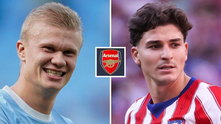 Split image of Manchester City striker Erling Haaland and Atletico Madrid striker Julian Alvarez, with the Arsenal badge in between - copyright F365