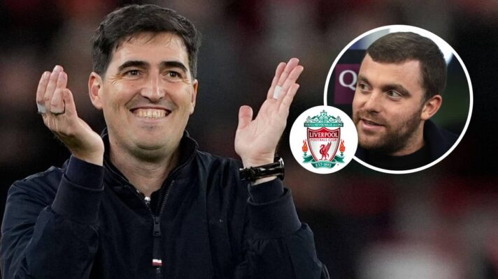 Liverpool manager Andoni Iraola, Liverpool badge and transfer guru Fabrizio Romano - copyright F365