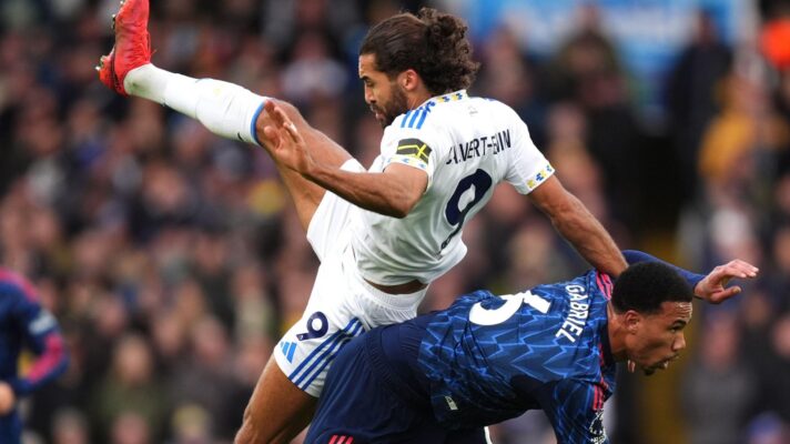 Leeds forward Dominic Calvert-Lewin challenges Arsenal defender Gabriel