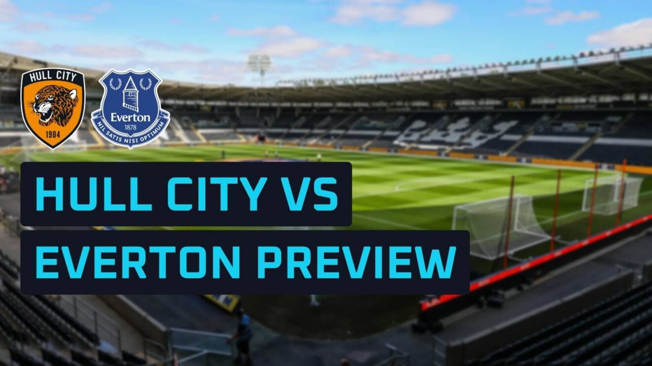 Hull City and Everton badges on a backdrop of the MKM Stadium.