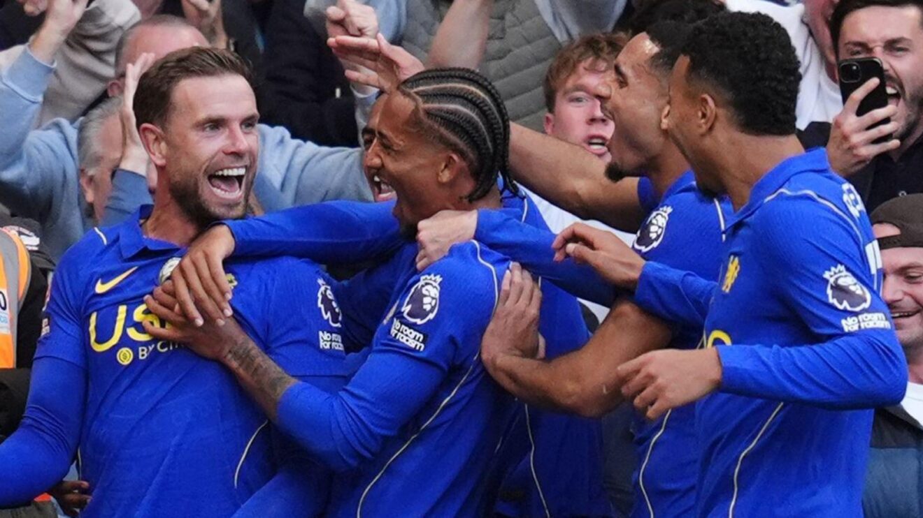 Chelsea players Jordan Henderson, Joao Pedro, Maxence Lacroix and Morgan Rogers celebrate