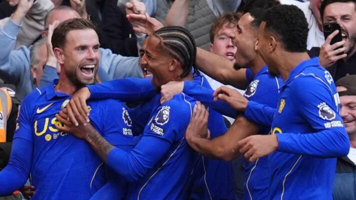 Chelsea players Jordan Henderson, Joao Pedro, Maxence Lacroix and Morgan Rogers celebrate