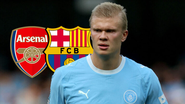 Man City striker Erling Haaland with Arsenal and Barcelona badges