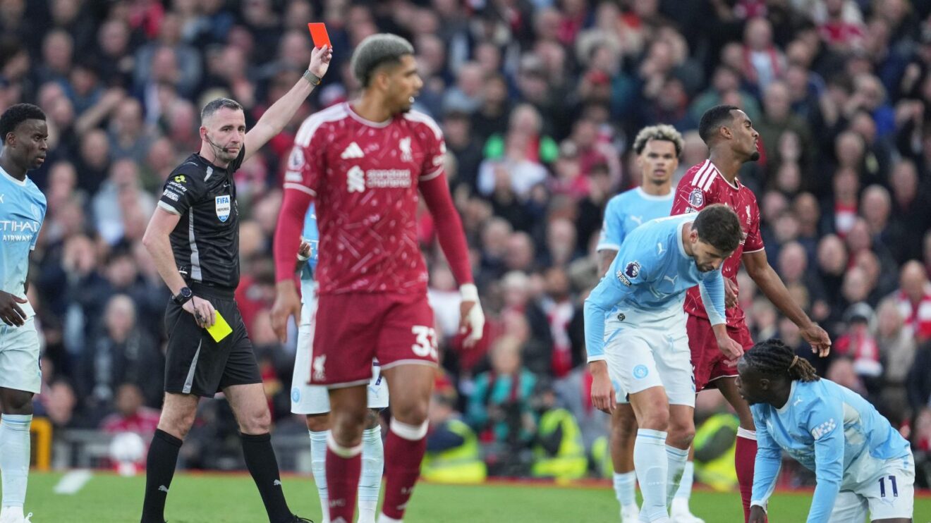 Liverpool midfielder Ryan Gravenberch is sent off