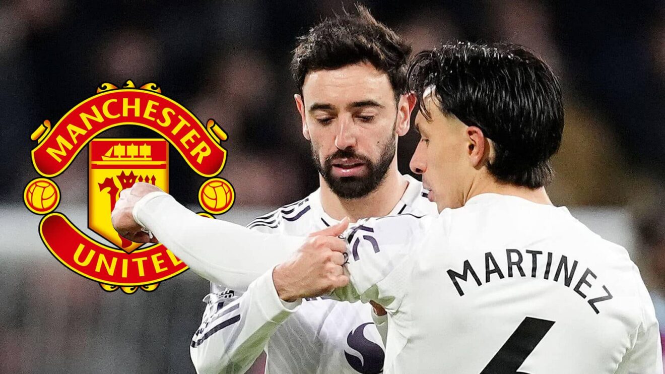 Manchester United badge close to Manchester United duo Bruno Fernandes as well as Lisandro Martinez - copyright F365