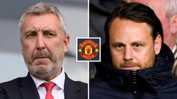 Split image of Manchester United duo Jason Wilcox and Christopher Vivell, with the Manchester United badge in between - copyright F365
