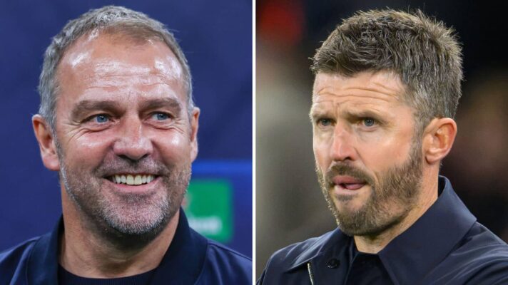 Split image of Barcelona manager Hansi Flick and Manchester United boss Michael Carrick - copyright F365