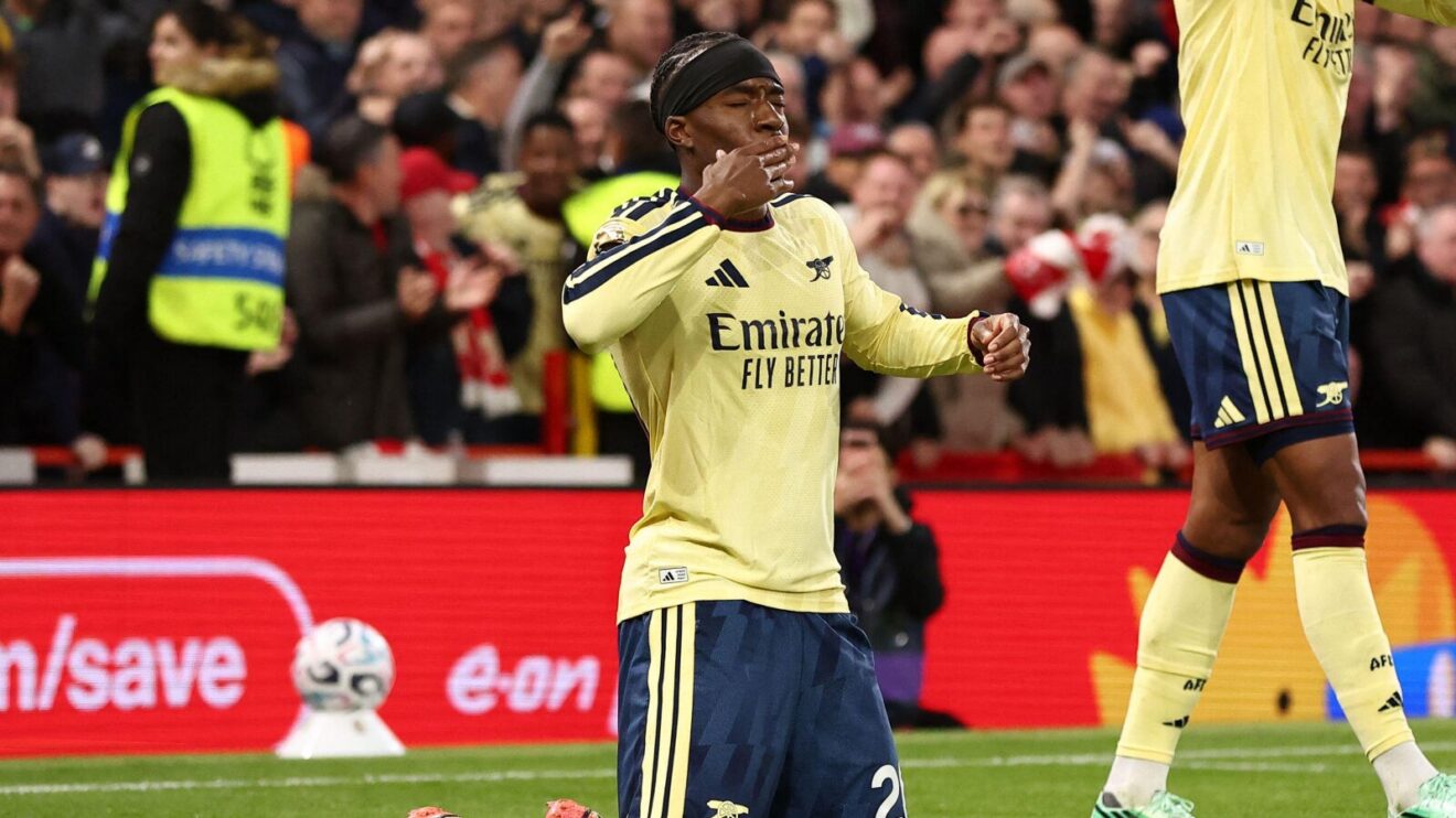 Noni Madueke celebrates his winning goal for Arsenal against Nottingham Forest in the Premier League