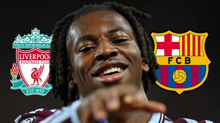 Liverpool badge, Aston Villa midfielder Johan Manzambi and Barcelona badge - copyright TEAMtalk