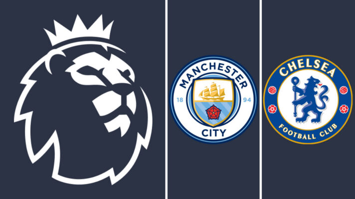 Man City and Chelsea badges with the Premier League logo