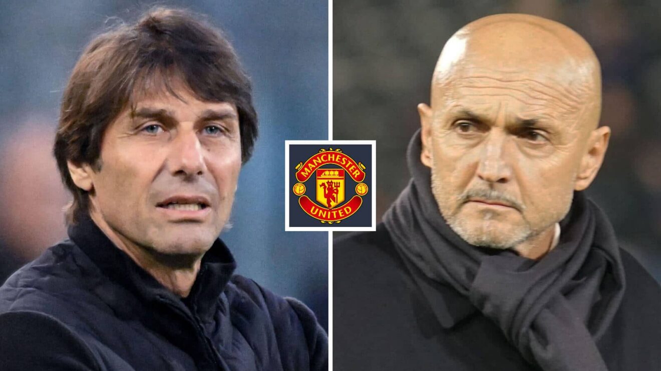 Hole image of Antonio Conte and also Juventus supervisor Luciano Spalletti, through the Manchester Unified badge in between - copyright TEAMtalk