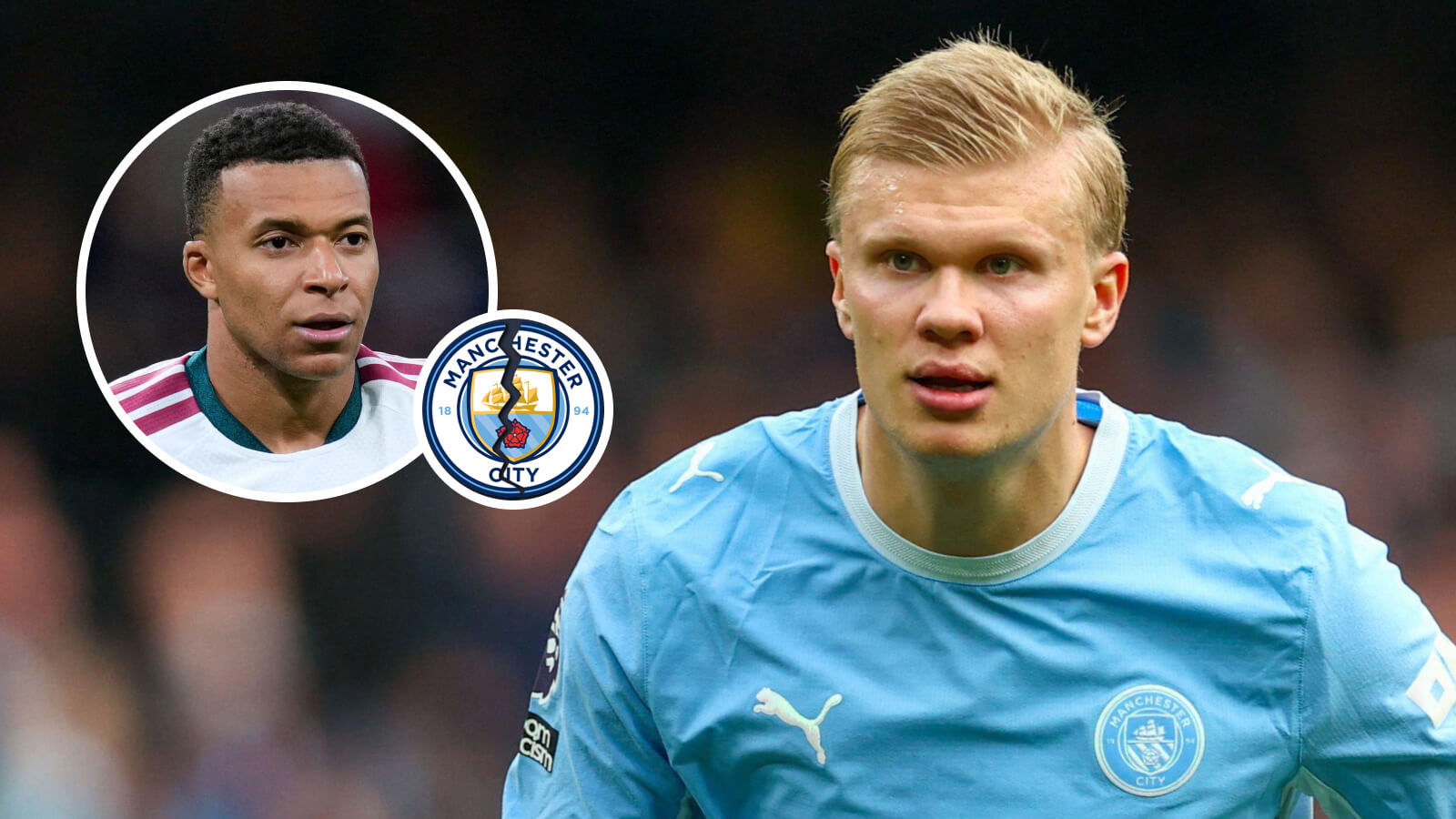 F365 Erling Haaland with Kylian Mbapp Cracked Man City badge 1