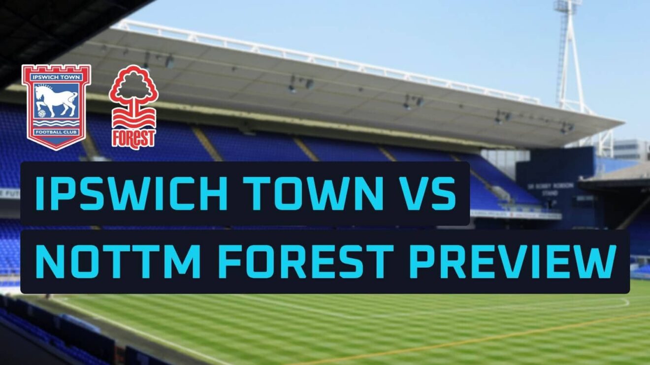 Ipswich Town and Nottingham Forest badges on a backdrop of Portman Road