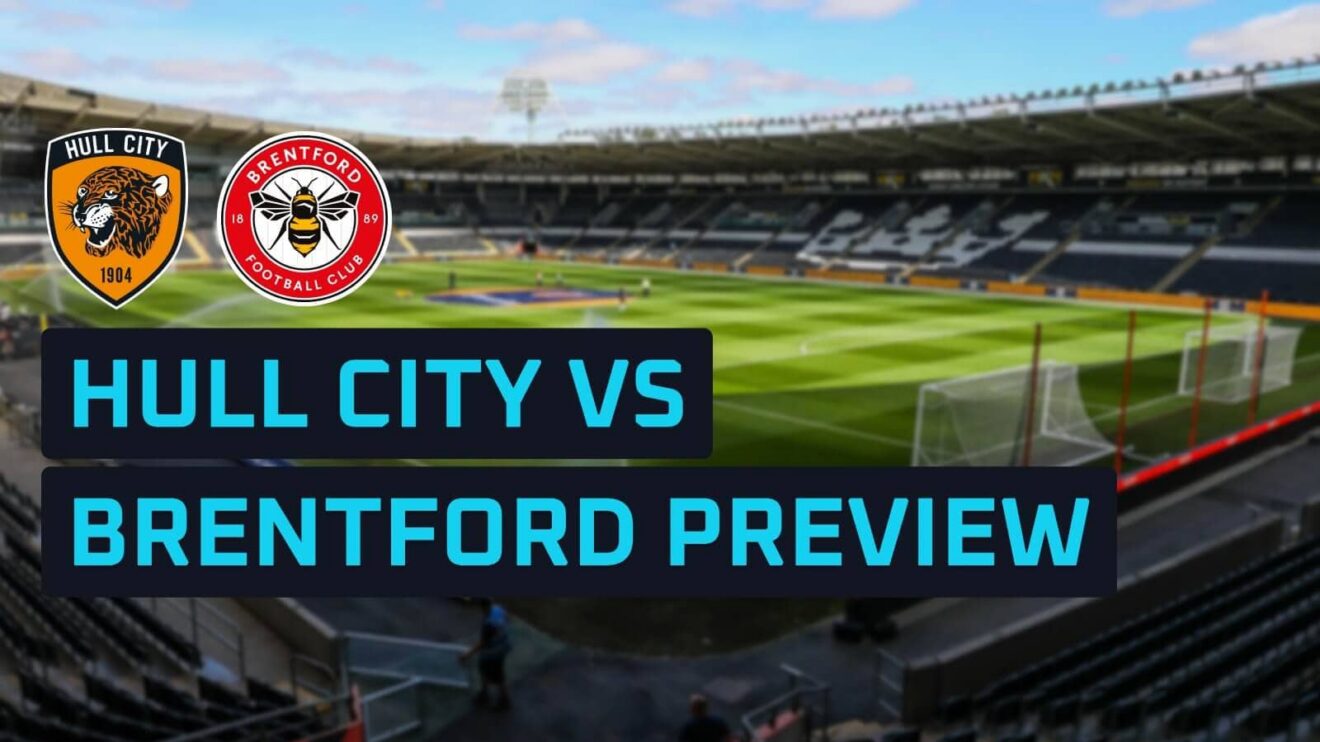 Hull City and Brentford badges on a backdrop of the MKM Stadium
