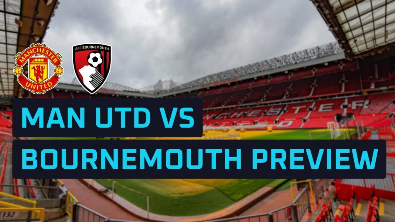 Man Utd and Bournemouth badges on a backdrop of Old Trafford