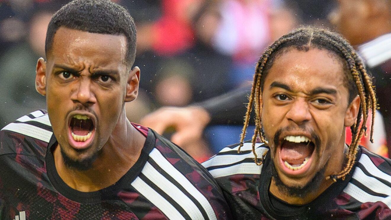 Liverpool forwards Alexander Isak and Bradley Barcola celebrate against Brighton