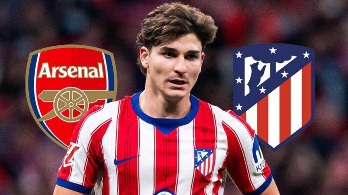 Arsenal badge, Julian Alvarez and Atletico Madrid badge - copyright F365